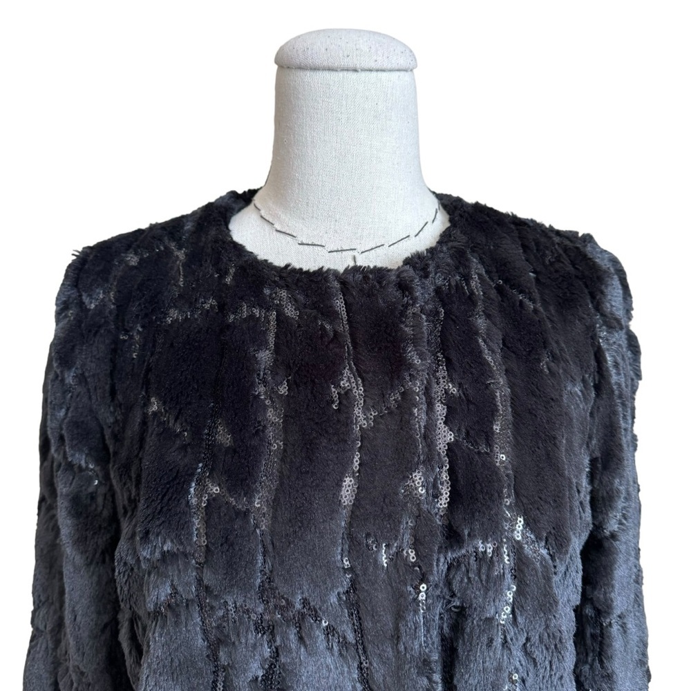 Milly Black Sequin and Soft Faux Fur Evening Glamour Jacket Coat sz Small - Picture 3 of 12